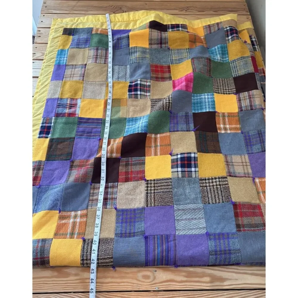 Vintage Handmade Wool Patchwork quilt Size 84x70 Yellow Sf